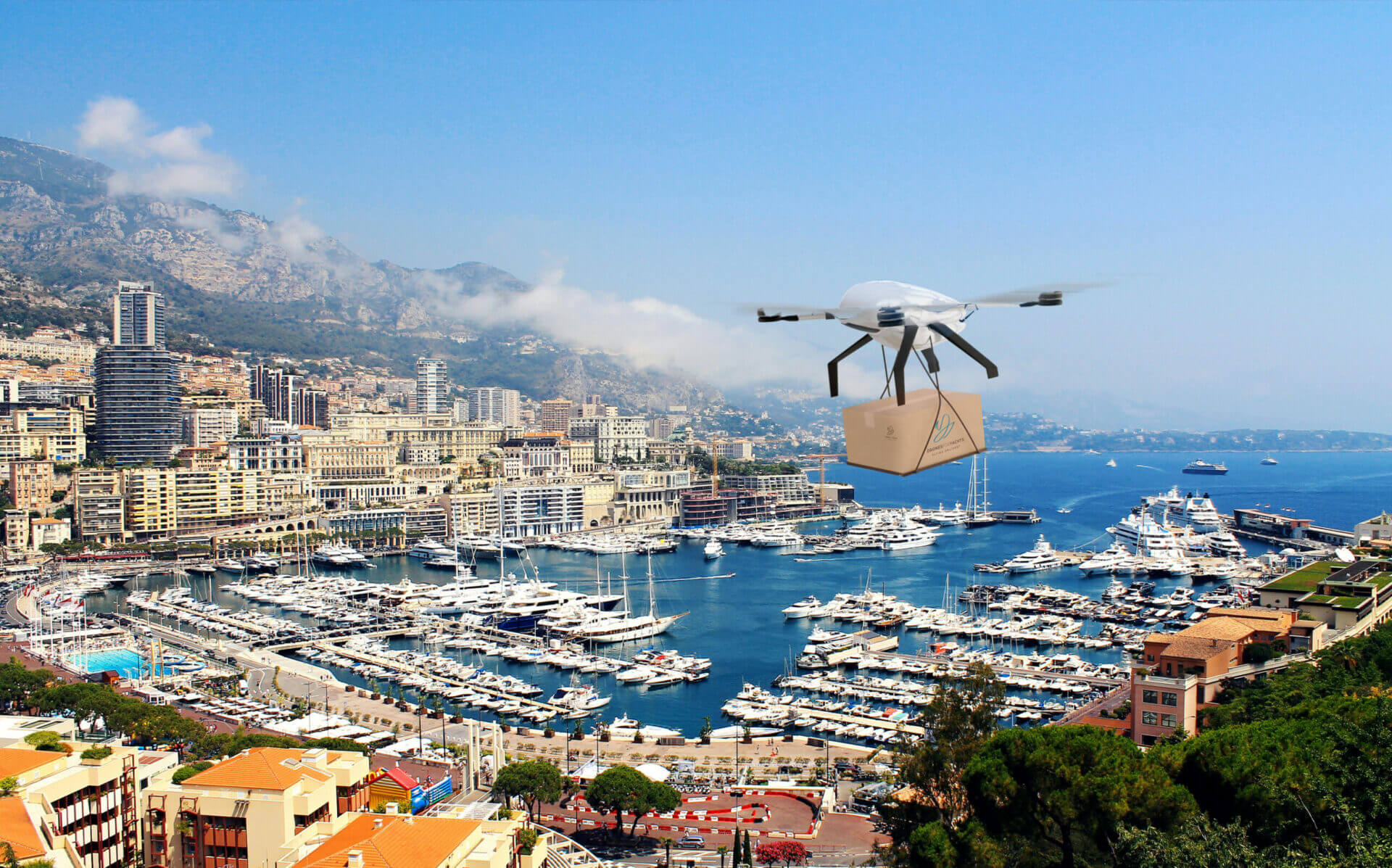 Drone Beluga vole avec le colis au dessus du port